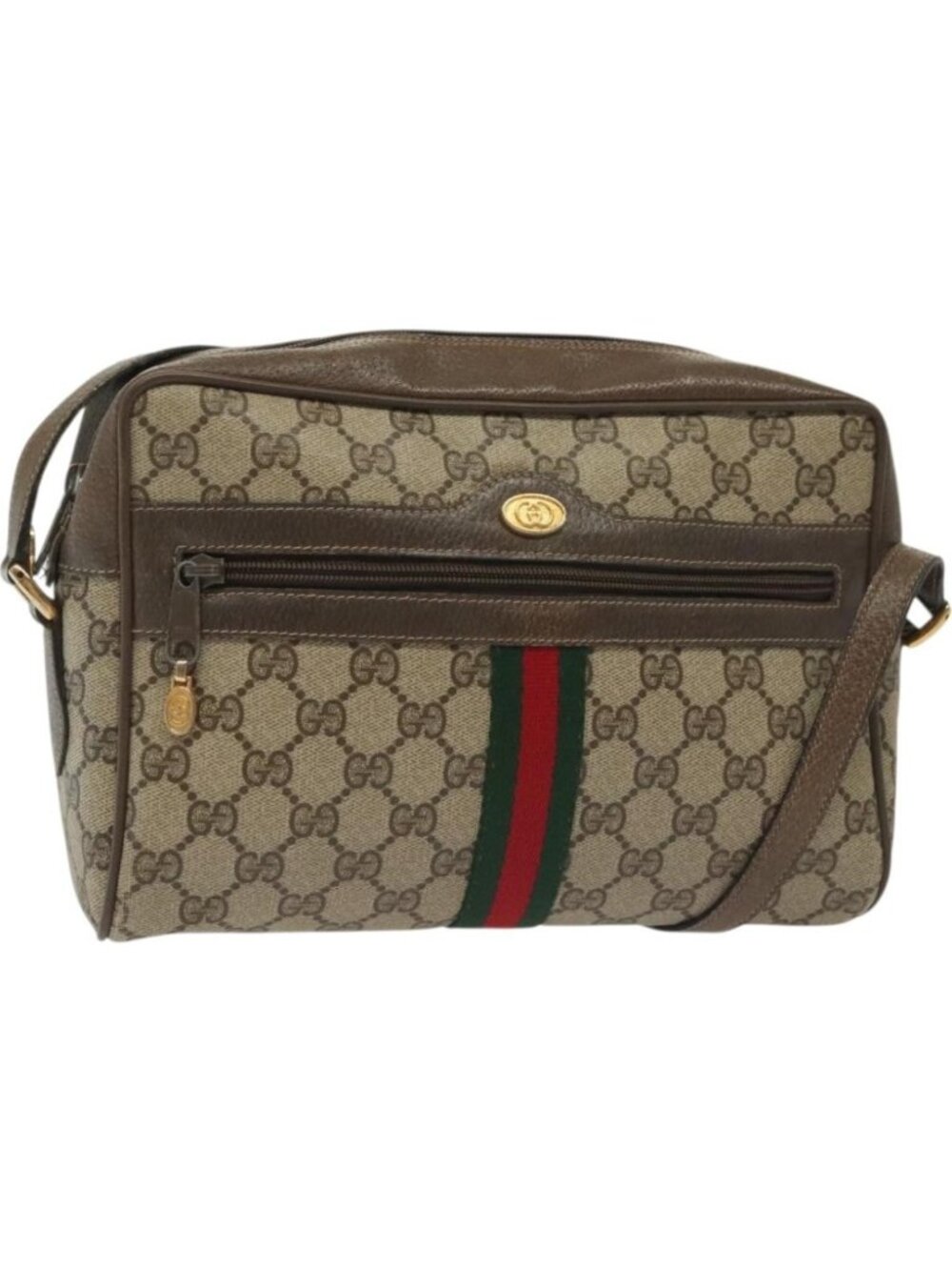 GUCCI GG Supreme Web Sherry Line Shoulder Bag PVC Beige Gold Red